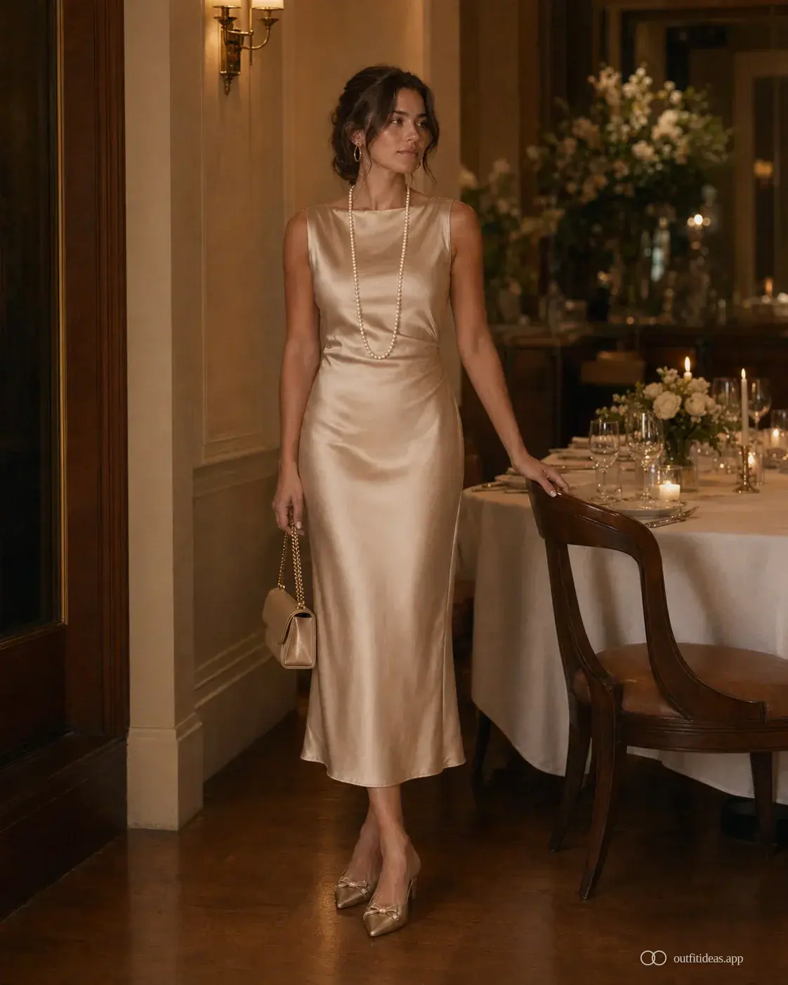 Old money anniversary dinner outfit with deeper champagne satin midi, pearl necklace and low metallic heel