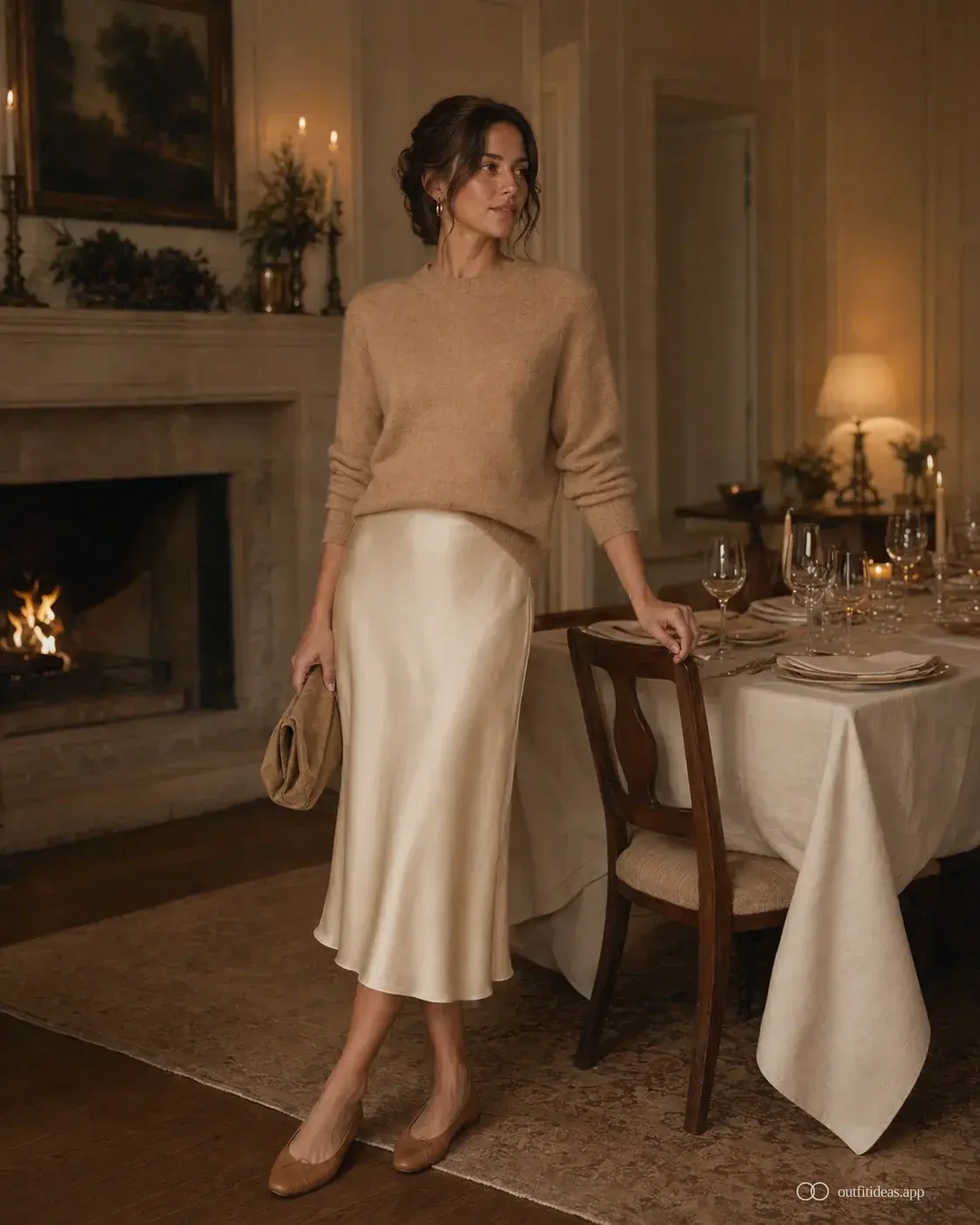 Old money country house dinner outfit with cashmere knit, cream silk skirt and leather flat