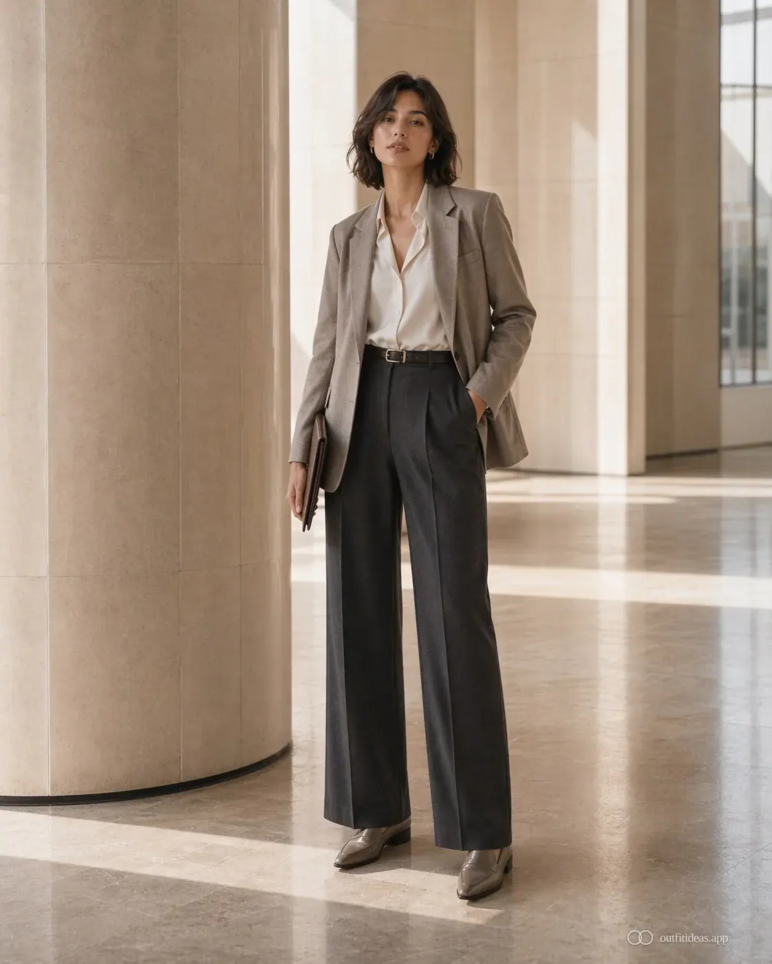 Outfit de oficina para cuerpo pera con blazer taupe, top crema, pantalon ancho recto y mocasines