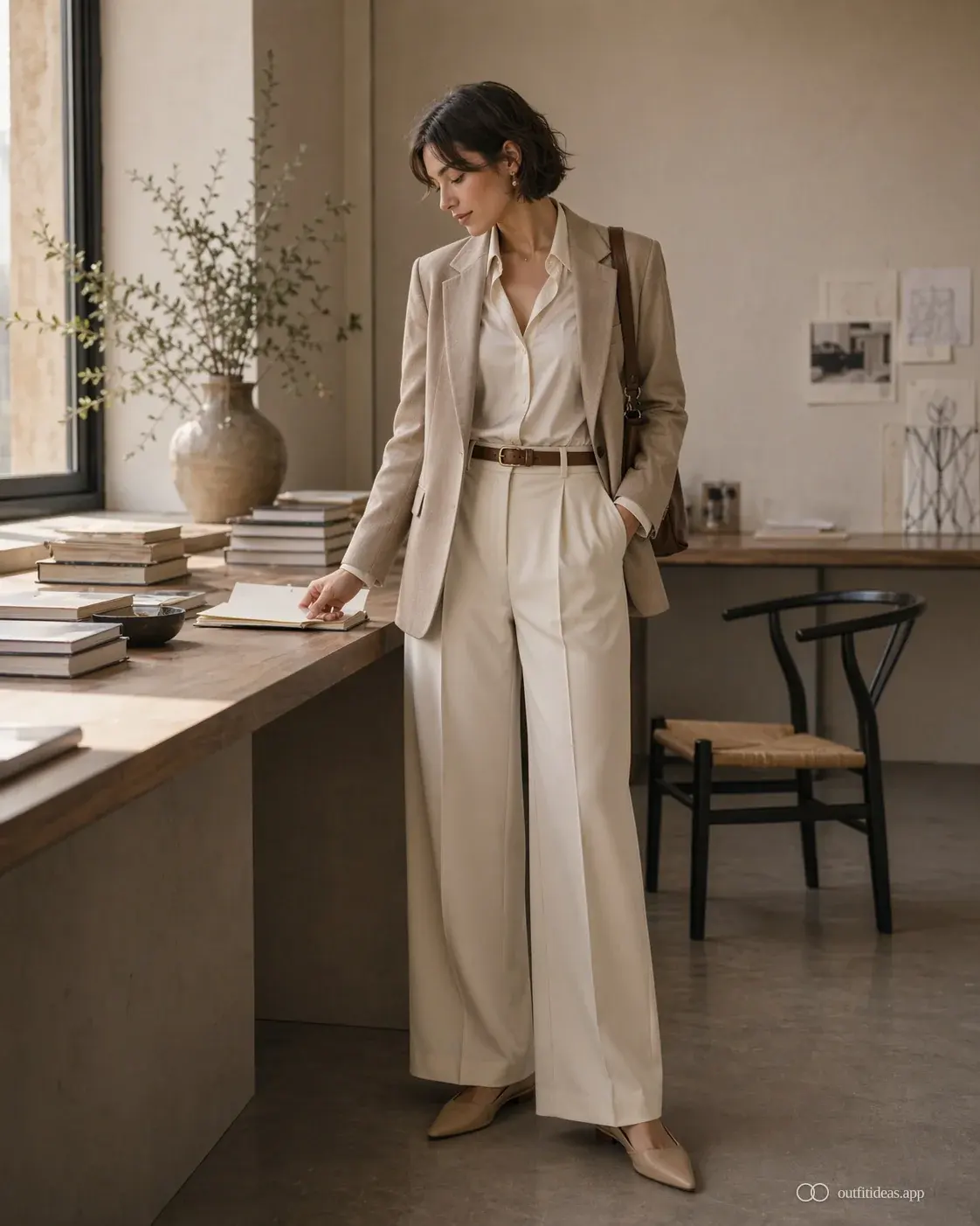 Creative studio office outfit looking down at a notebook with camel blazer and ivory trousers