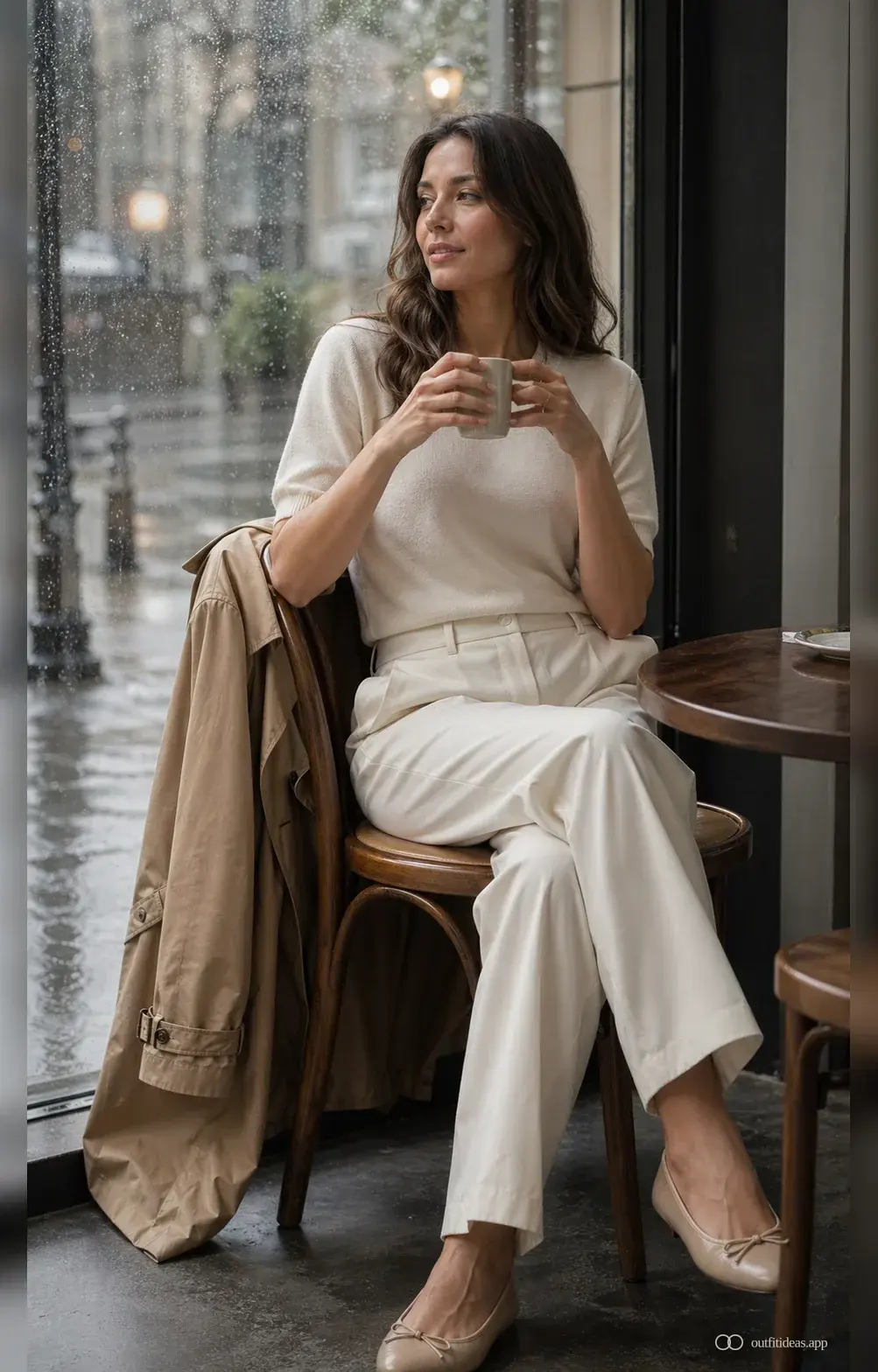 Rainy work outfit at a cafe with trench draped over chair and hands on a coffee mug