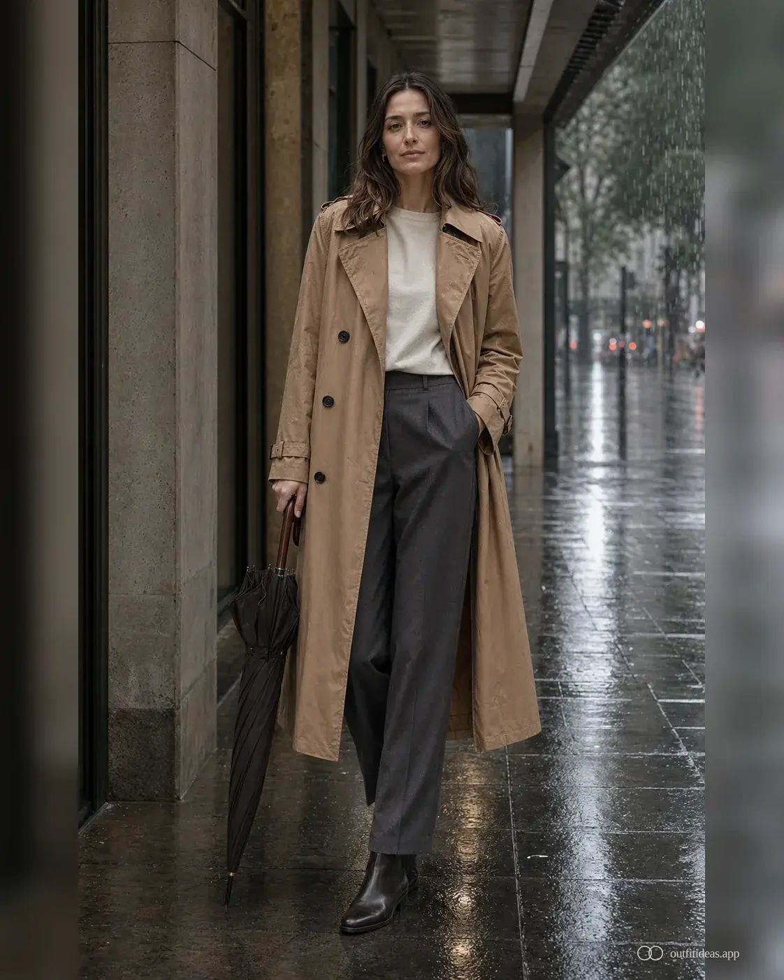 Rainy work outfit for heavier weather with long trench, charcoal trouser and ankle Chelsea boot