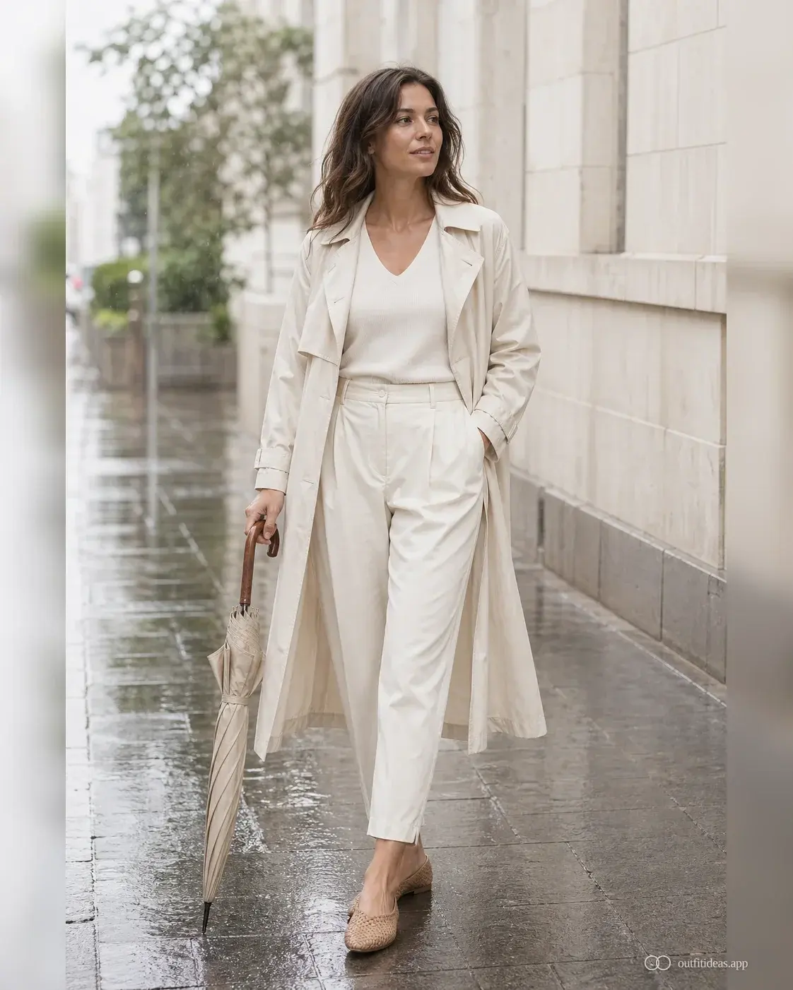 Summer rain work outfit with lightweight cream trench, bare ankle and woven flat