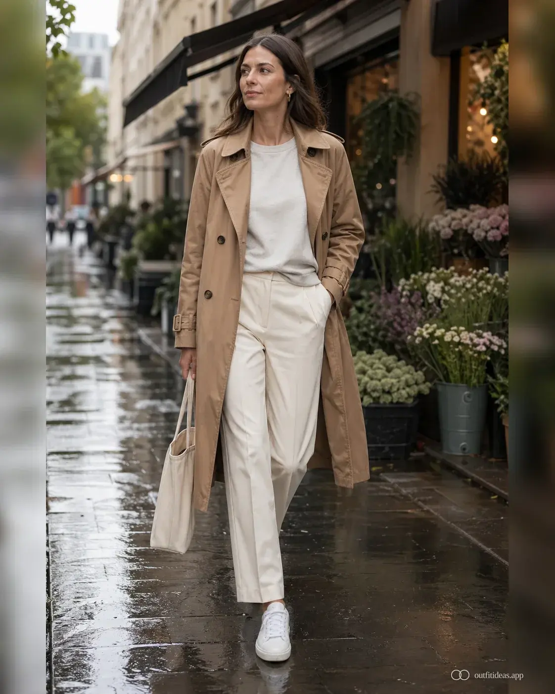 Weekend rain outfit with trench over sweatshirt with cream trouser and white sneaker
