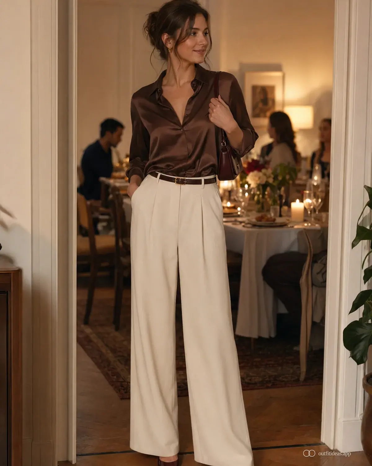 dinner party outfit ideas hero image with a complete outfit, practical shoes, and scene-ready accessories