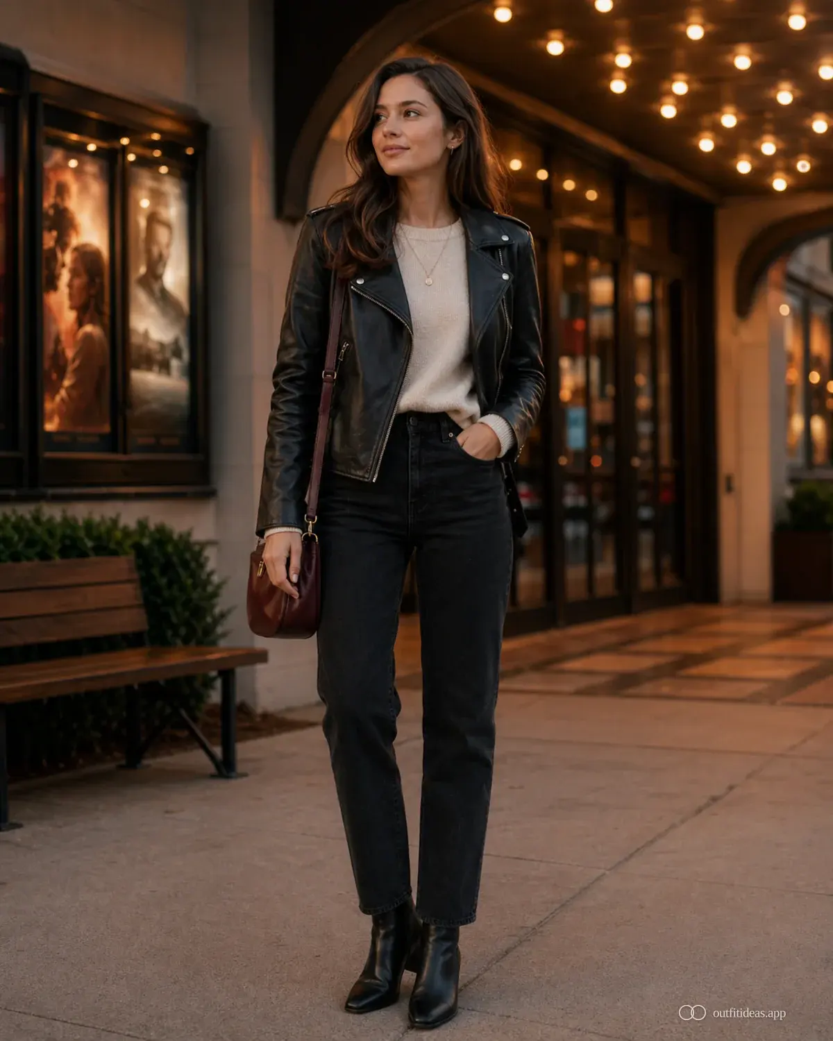 Image principale idées de tenues pour soirée cinéma avec une tenue complète, des chaussures pratiques et des accessoires adaptés à la scène