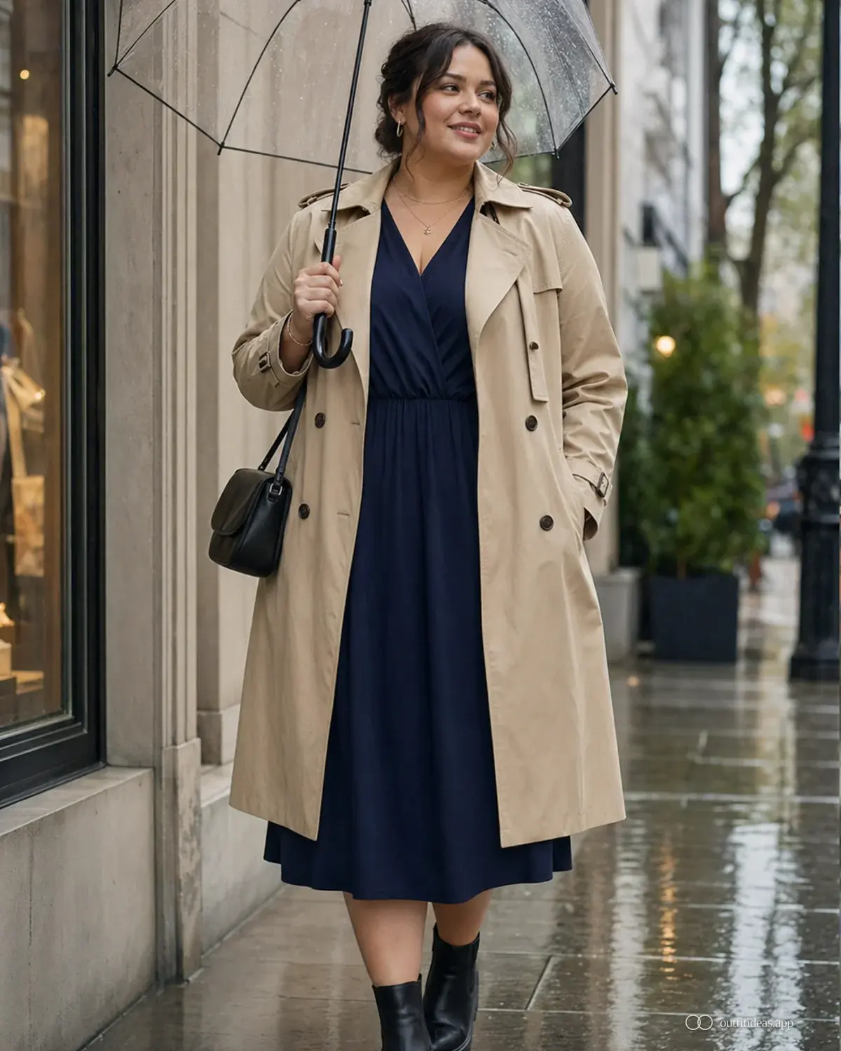 rainy day outfit ideas hero image with a complete outfit, practical shoes, and scene-ready accessories