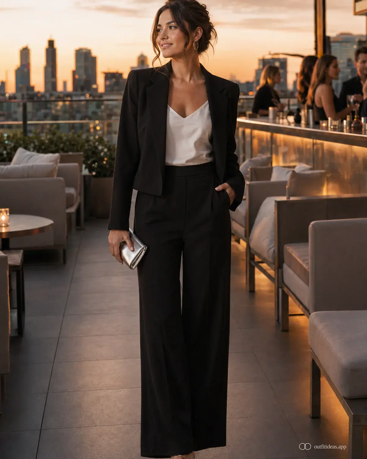 Outfit-Ideen für die Rooftop-Bar Hero-Bild mit komplettem Outfit, praktischen Schuhen und passenden Accessoires