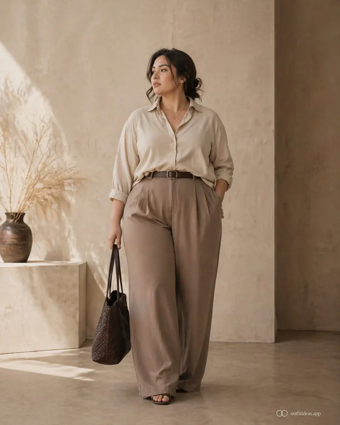 Confident tailored outfit with waist definition and long vertical lines
