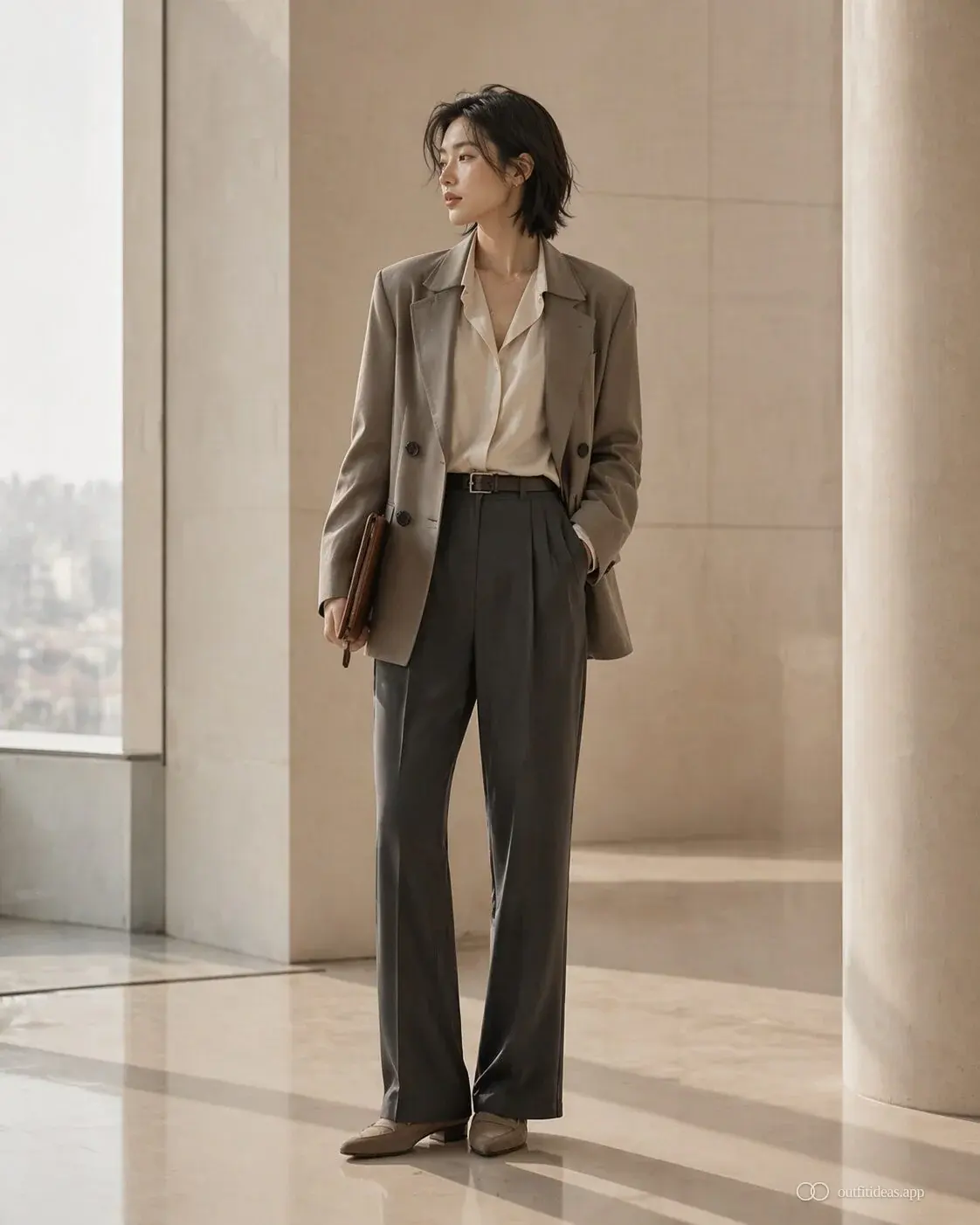 Neutral office outfit with blazer, knit top, straight trousers and loafers